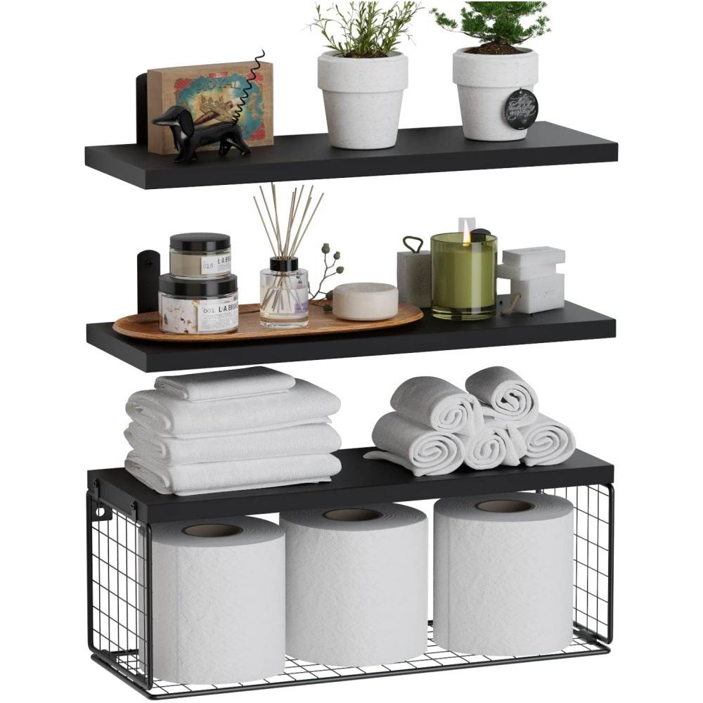 Boudoir Floating Shelves with Wire Storage Basket – 3-Piece Set (Black)