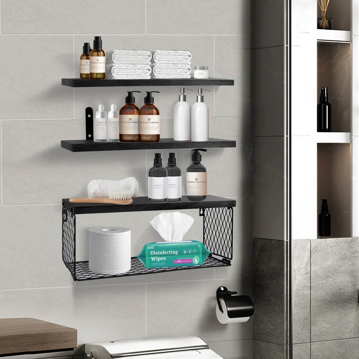 Boudoir Floating Shelves with Wire Storage Basket – 3-Piece Set (Black)