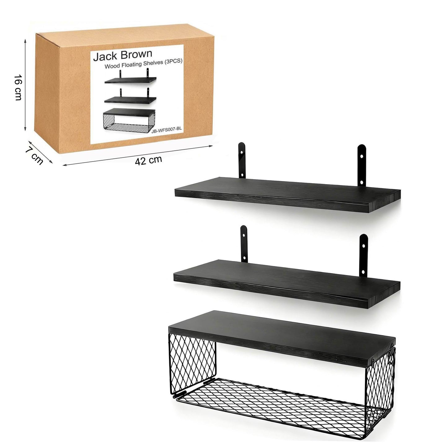Boudoir Floating Shelves with Wire Storage Basket – 3-Piece Set (Black)