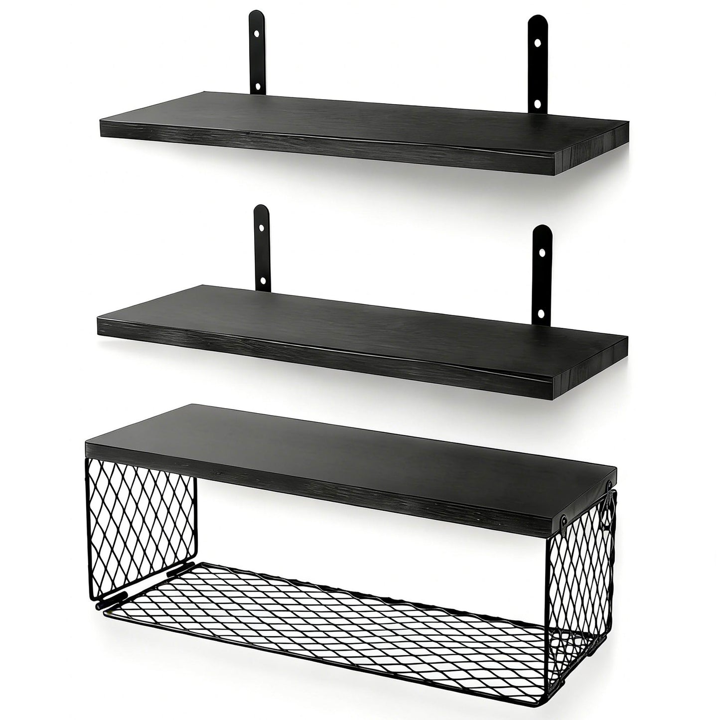 Boudoir Floating Shelves with Wire Storage Basket – 3-Piece Set (Black)