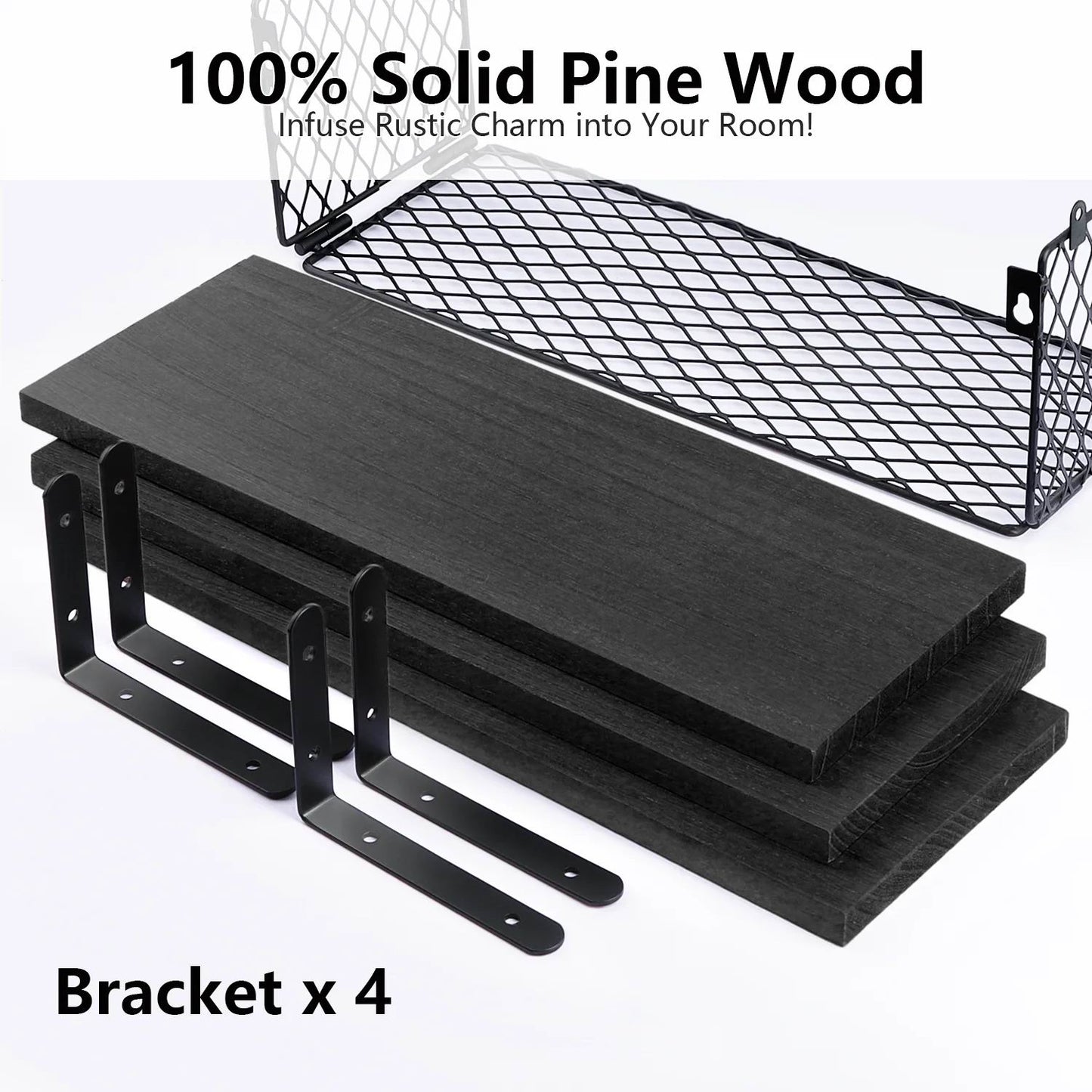 Boudoir Floating Shelves with Wire Storage Basket – 3-Piece Set (Black)