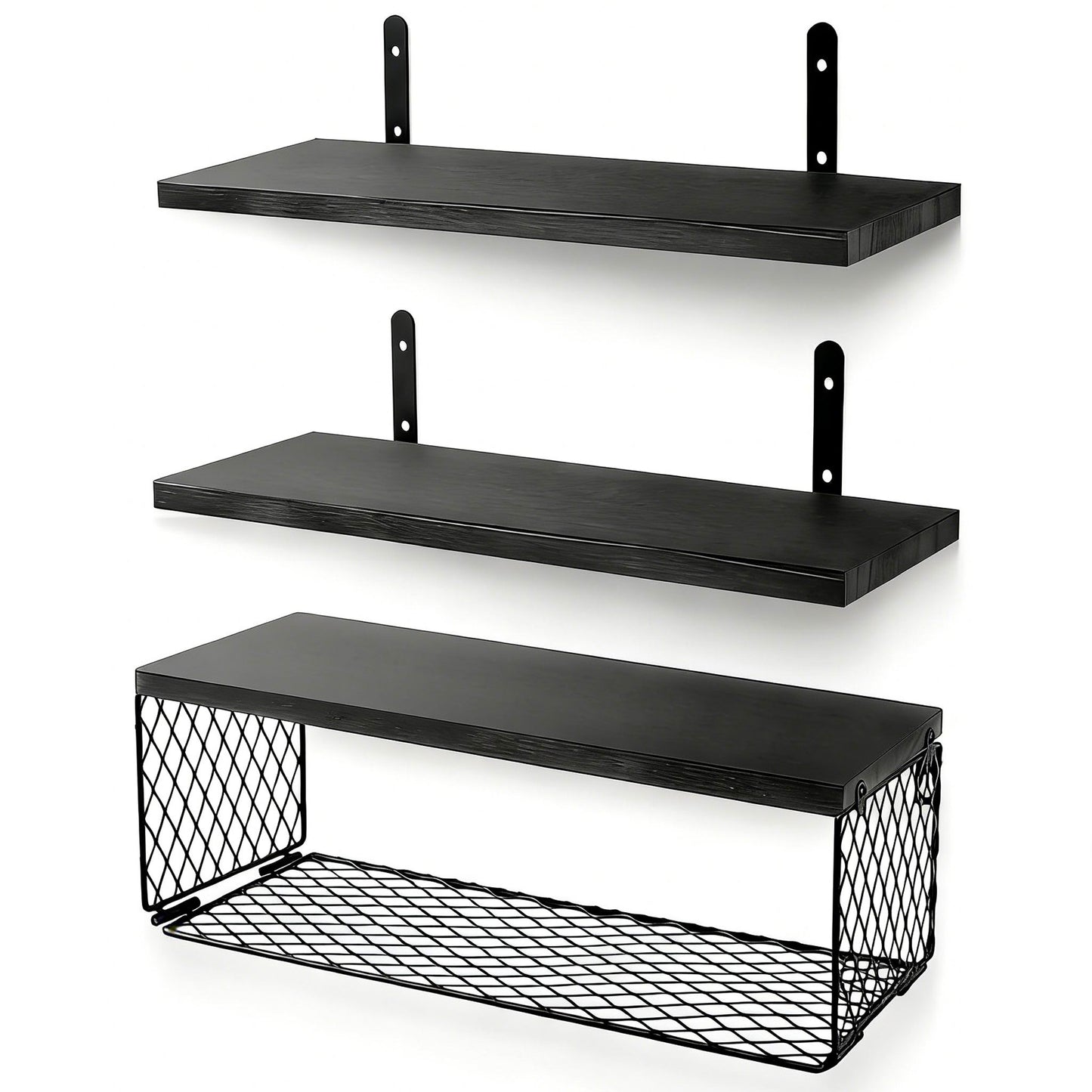 Boudoir Floating Shelves with Wire Storage Basket – 3-Piece Set (Black)