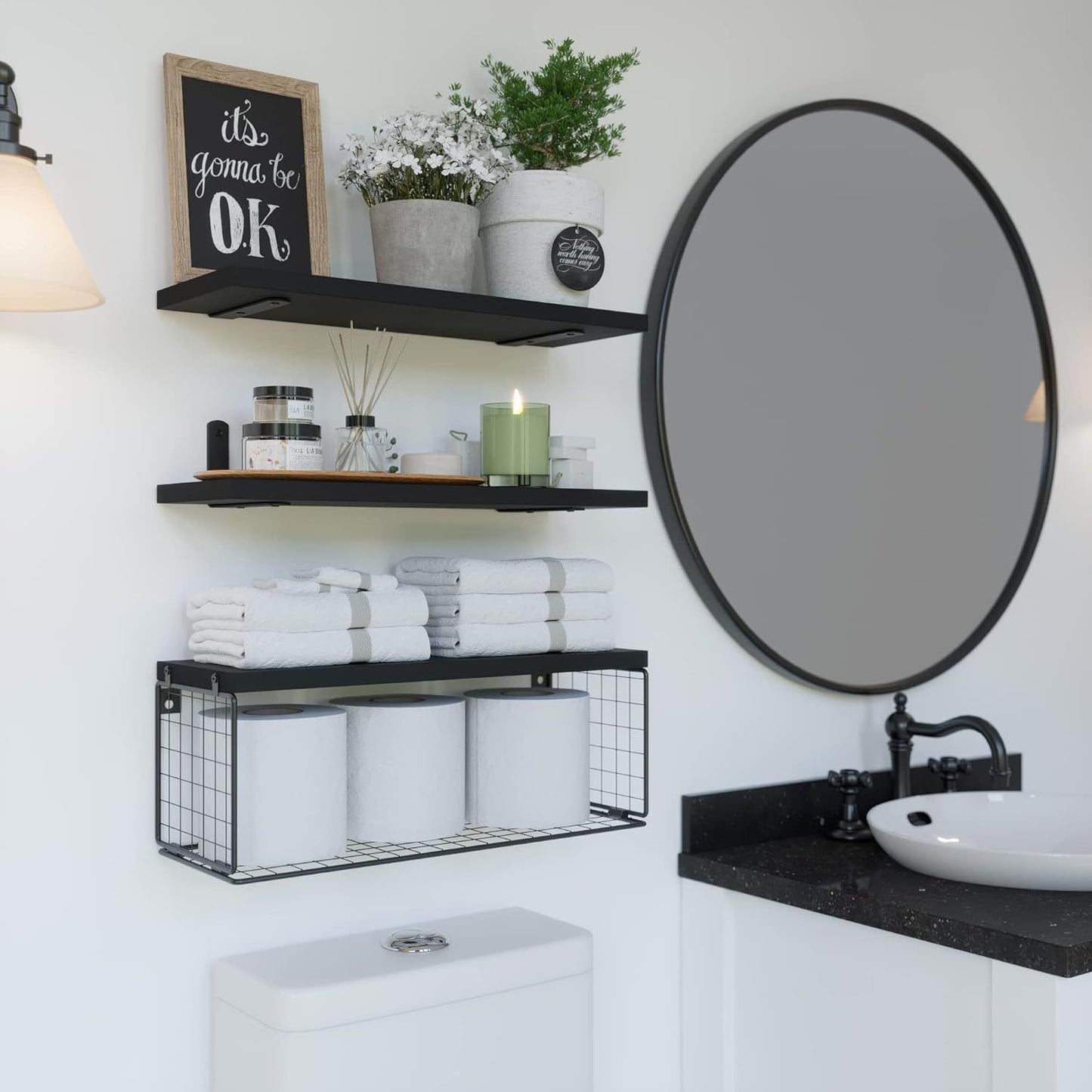 Boudoir Floating Shelves with Wire Storage Basket – 3-Piece Set (Black)
