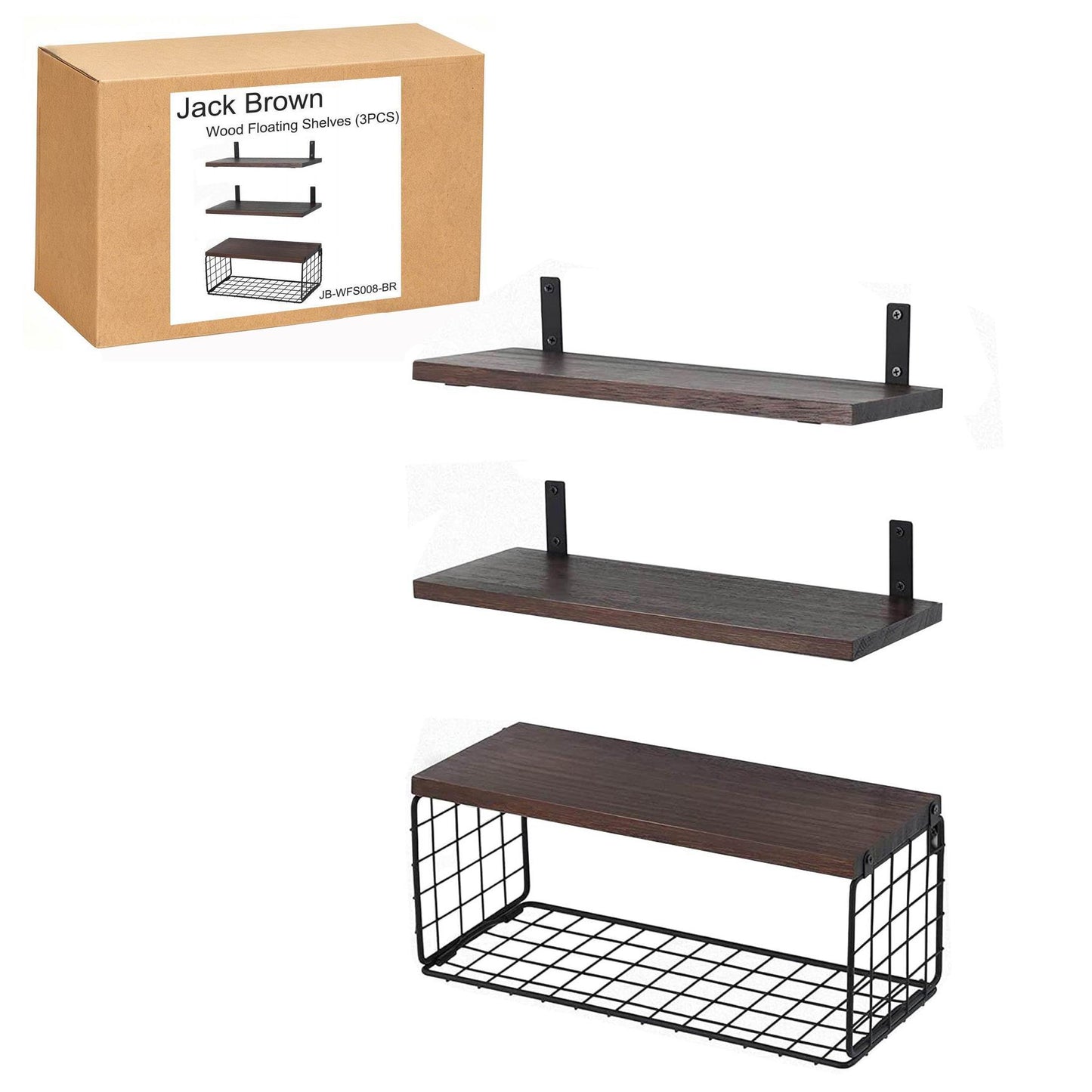 Boudoir Floating Shelves with Wire Storage Basket – 3-Piece Set (Brown)