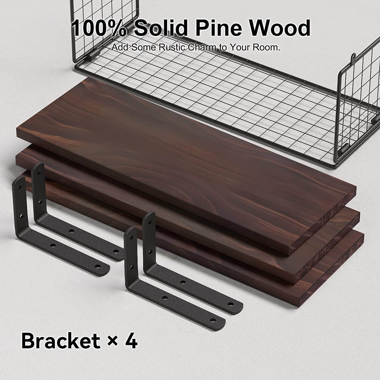 Boudoir Floating Shelves with Wire Storage Basket – 3-Piece Set (Brown)