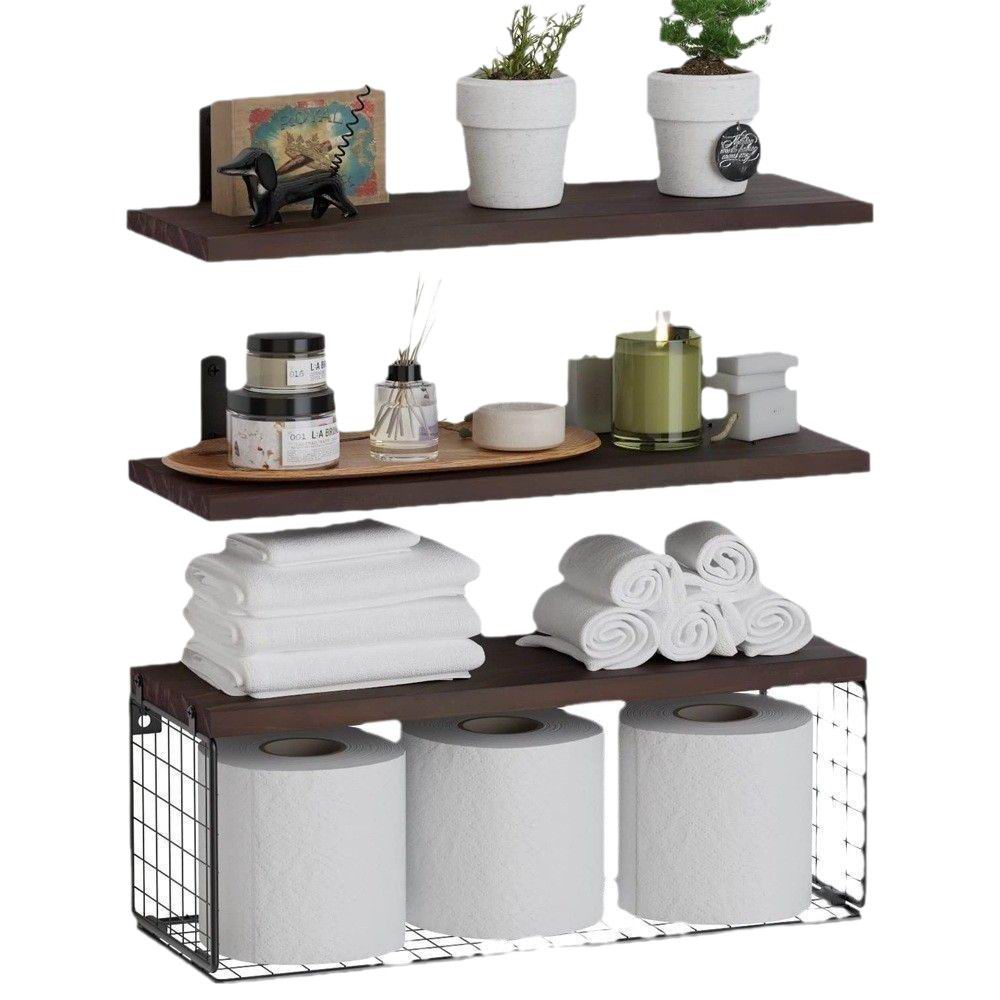 Boudoir Floating Shelves with Wire Storage Basket – 3-Piece Set (Brown)