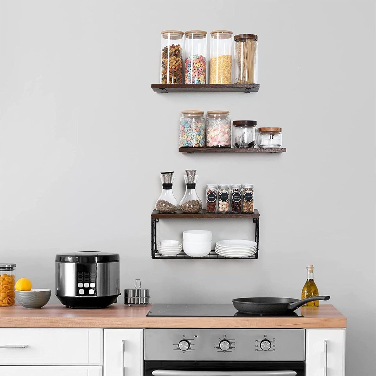 Boudoir Floating Shelves with Wire Storage Basket – 3-Piece Set (Brown)