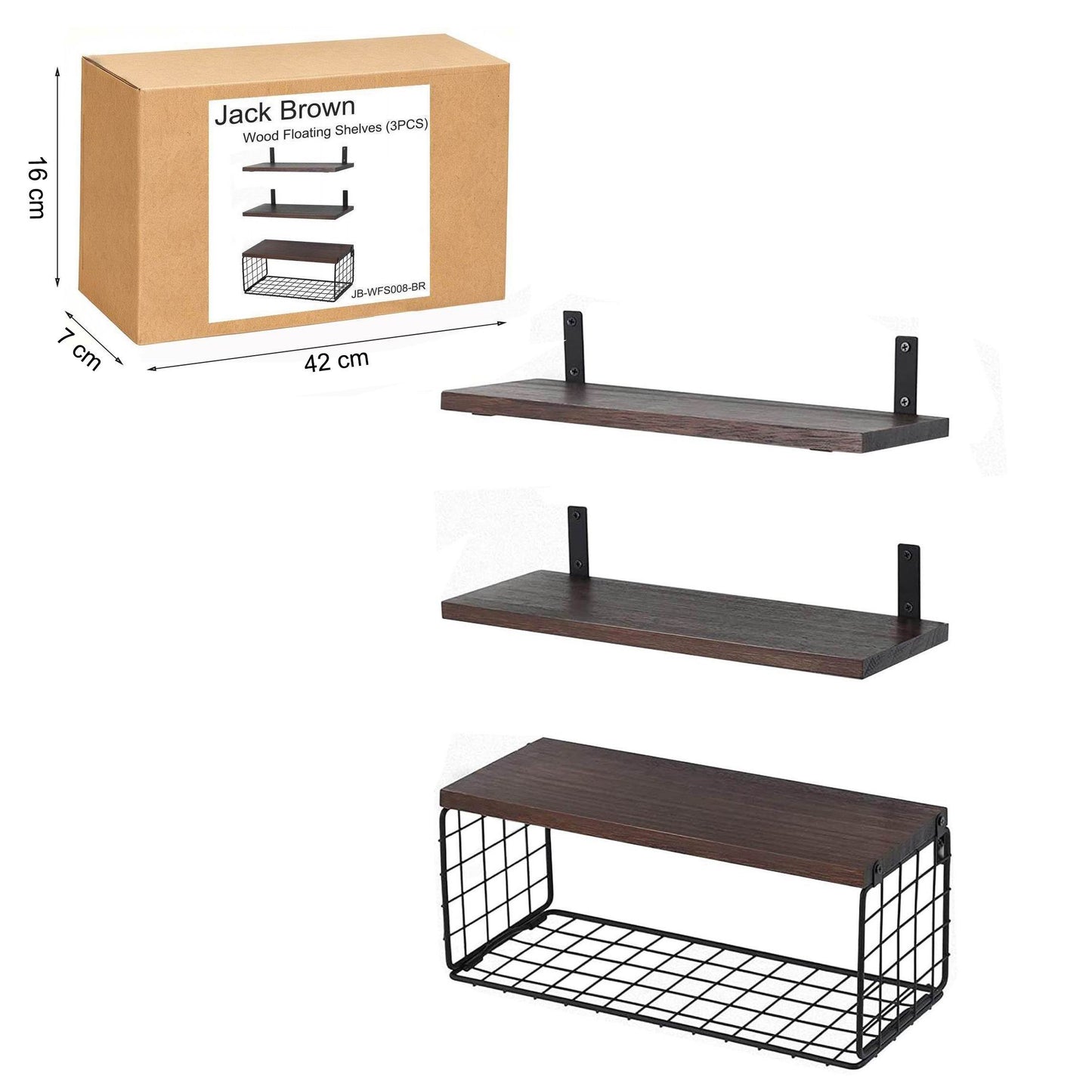 Boudoir Floating Shelves with Wire Storage Basket – 3-Piece Set (Brown)