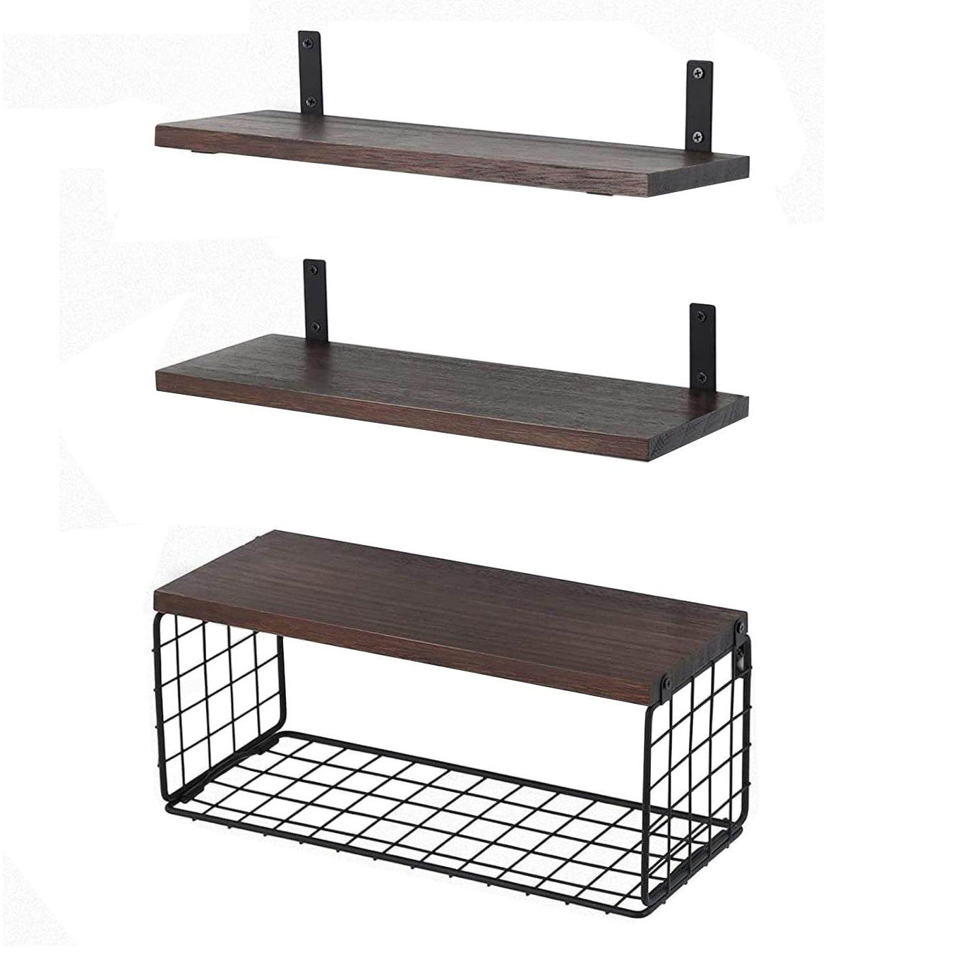 Boudoir Floating Shelves with Wire Storage Basket – 3-Piece Set (Brown)