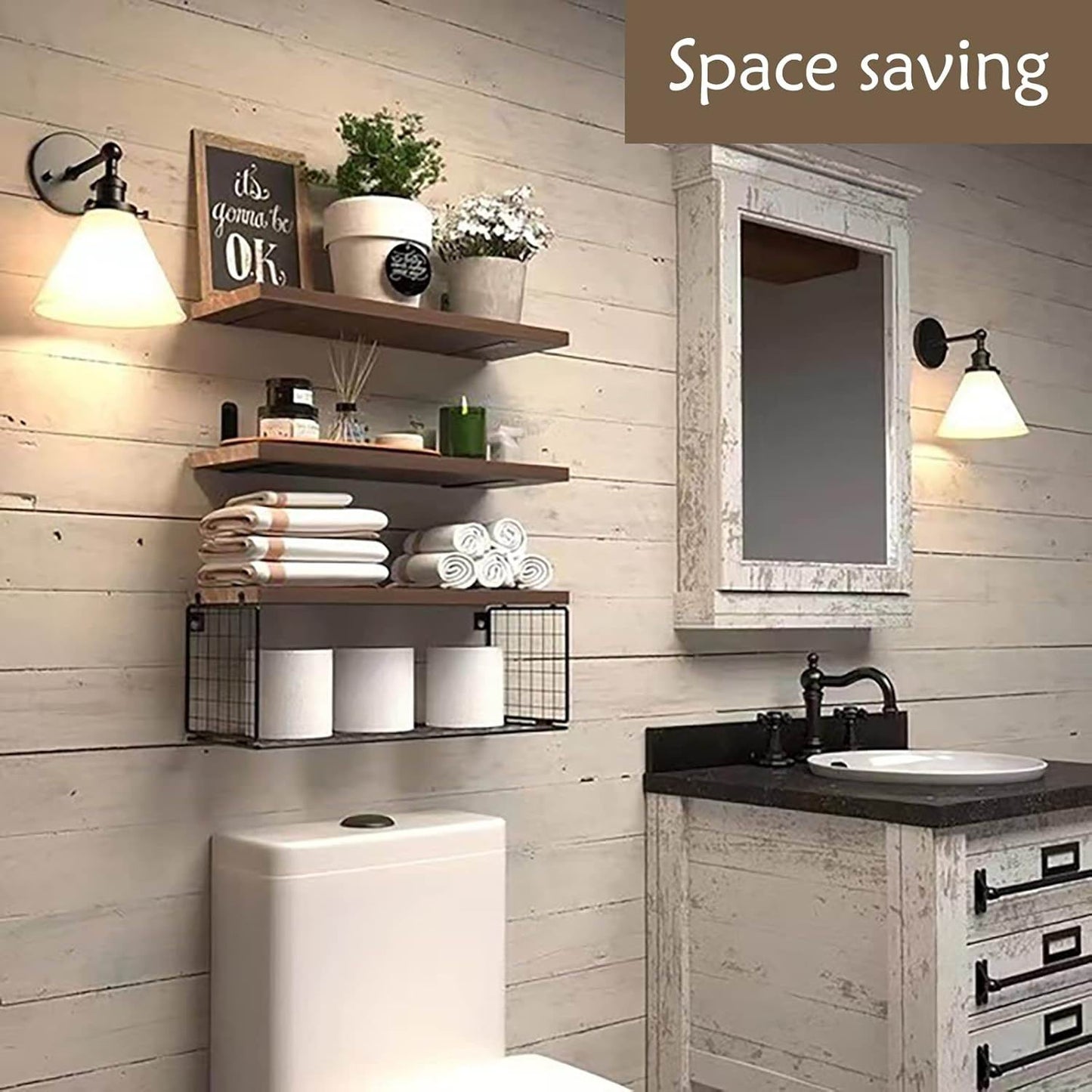 Boudoir Floating Shelves with Wire Storage Basket – 3-Piece Set (Brown)