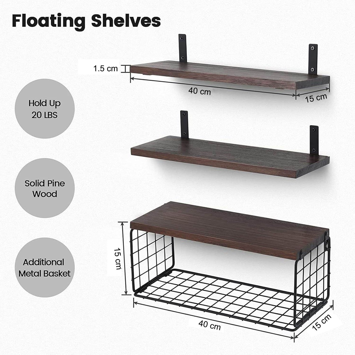 Boudoir Floating Shelves with Wire Storage Basket – 3-Piece Set (Brown)