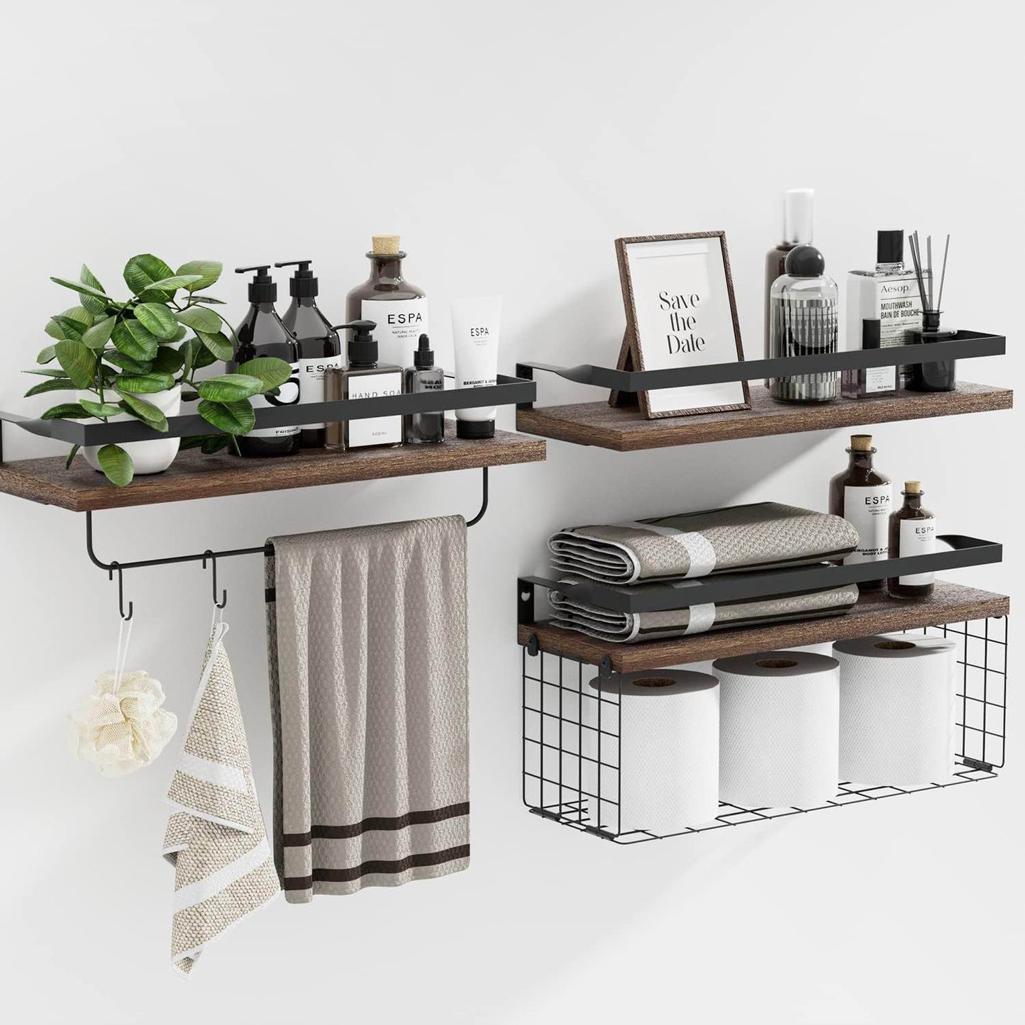 Boudoir Floating Shelves with Wire Storage Basket – 3-Piece Set (Brown)