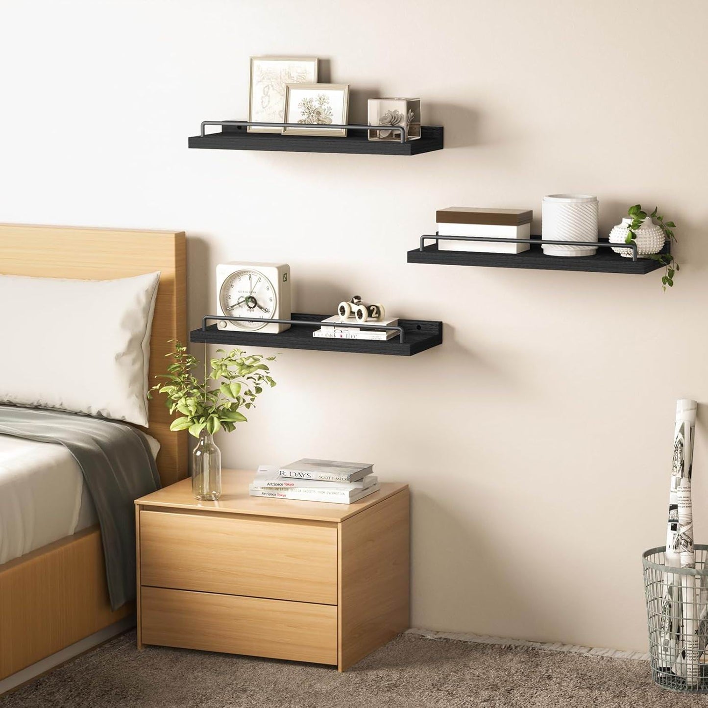 Boudoir Floating Shelves with Guard Rail – 3-Piece Set (Black)