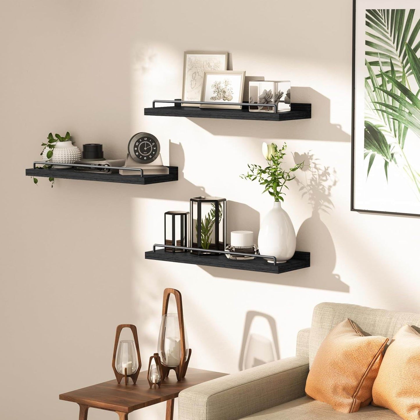 Boudoir Floating Shelves with Guard Rail – 3-Piece Set (Black)