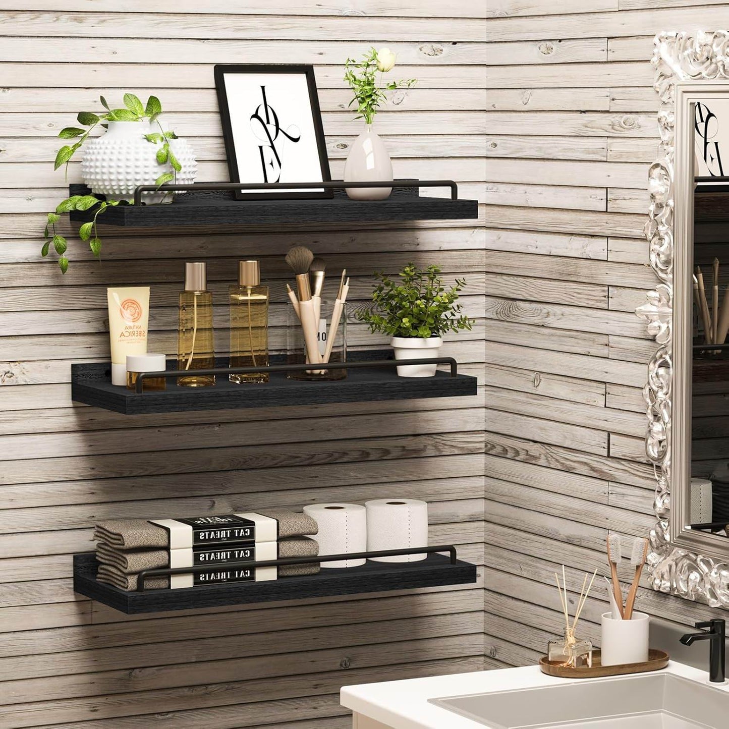 Boudoir Floating Shelves with Guard Rail – 3-Piece Set (Black)