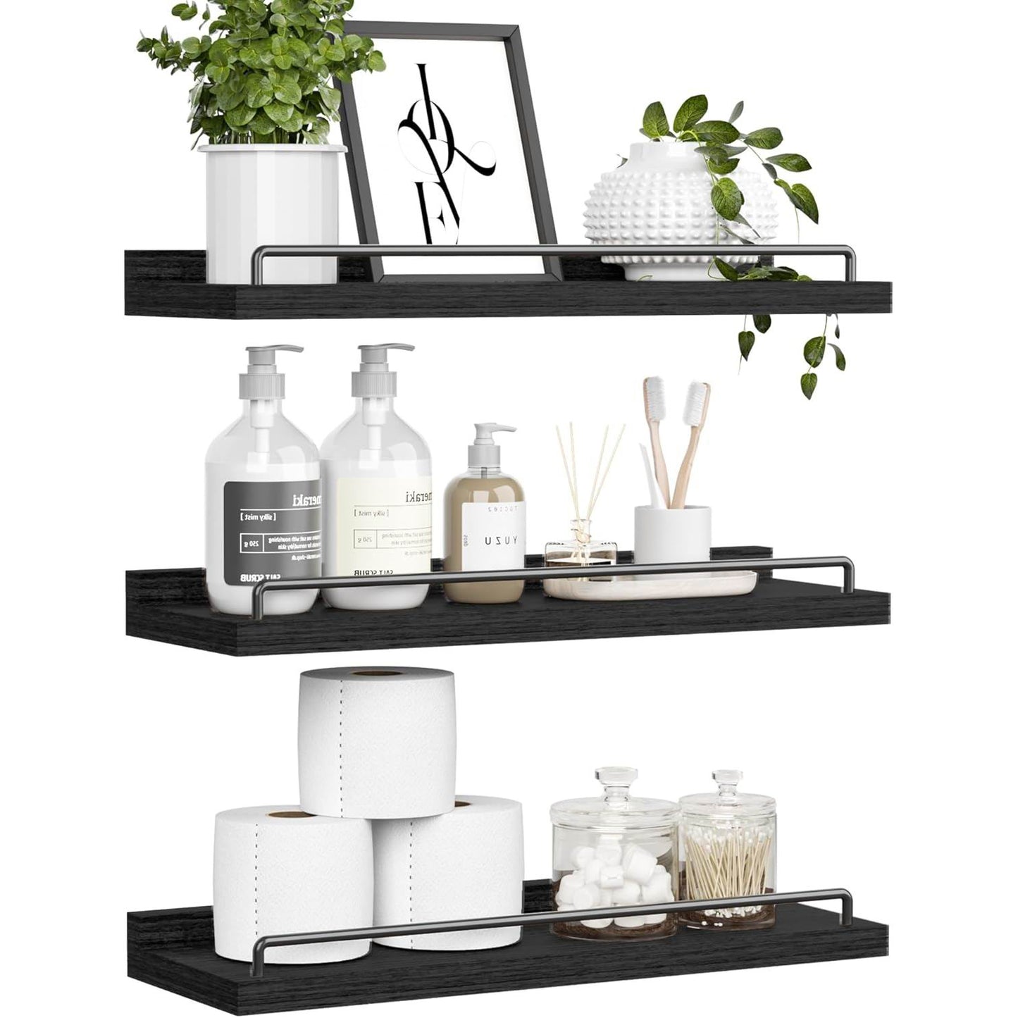 Boudoir Floating Shelves with Guard Rail – 3-Piece Set (Black)