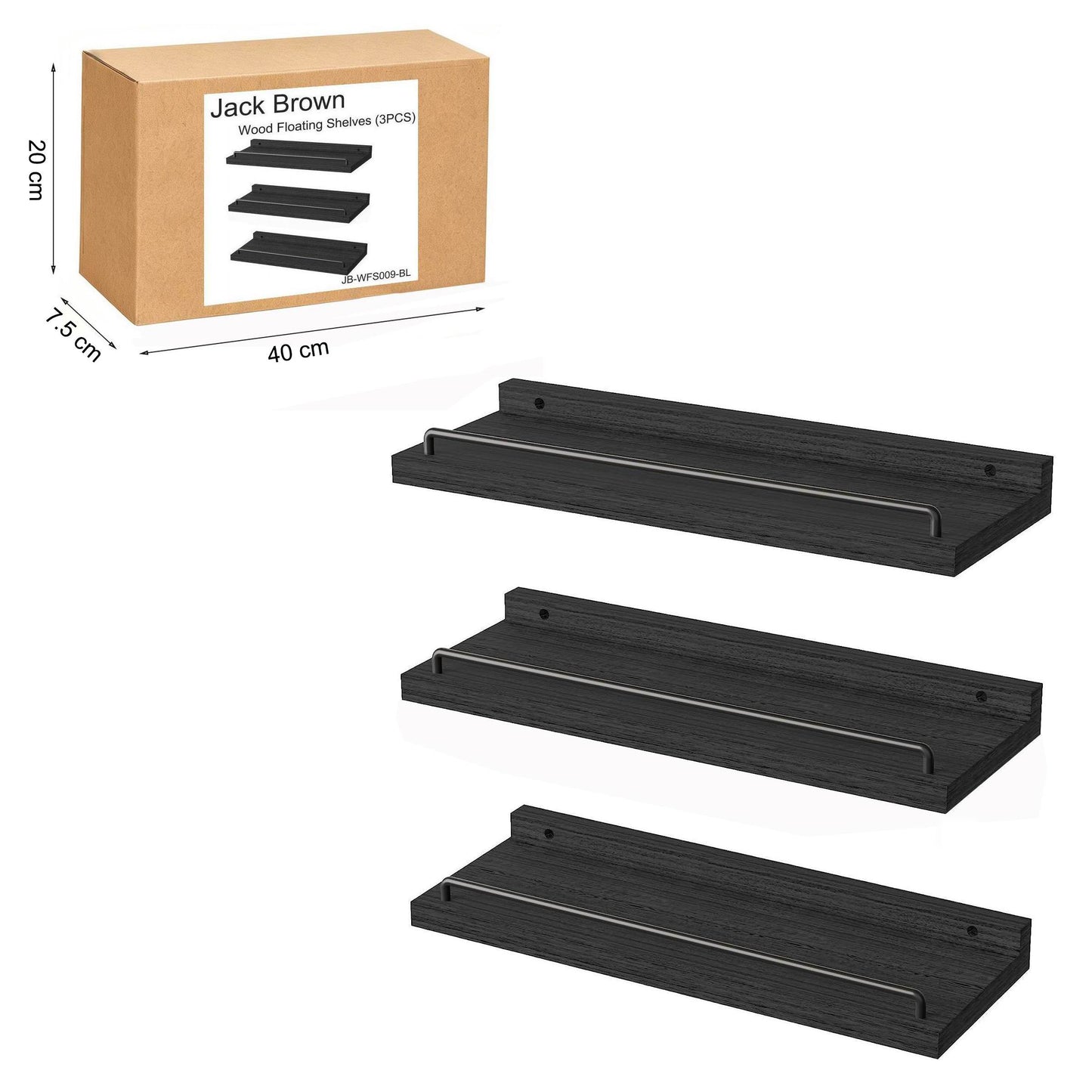 Boudoir Floating Shelves with Guard Rail – 3-Piece Set (Black)