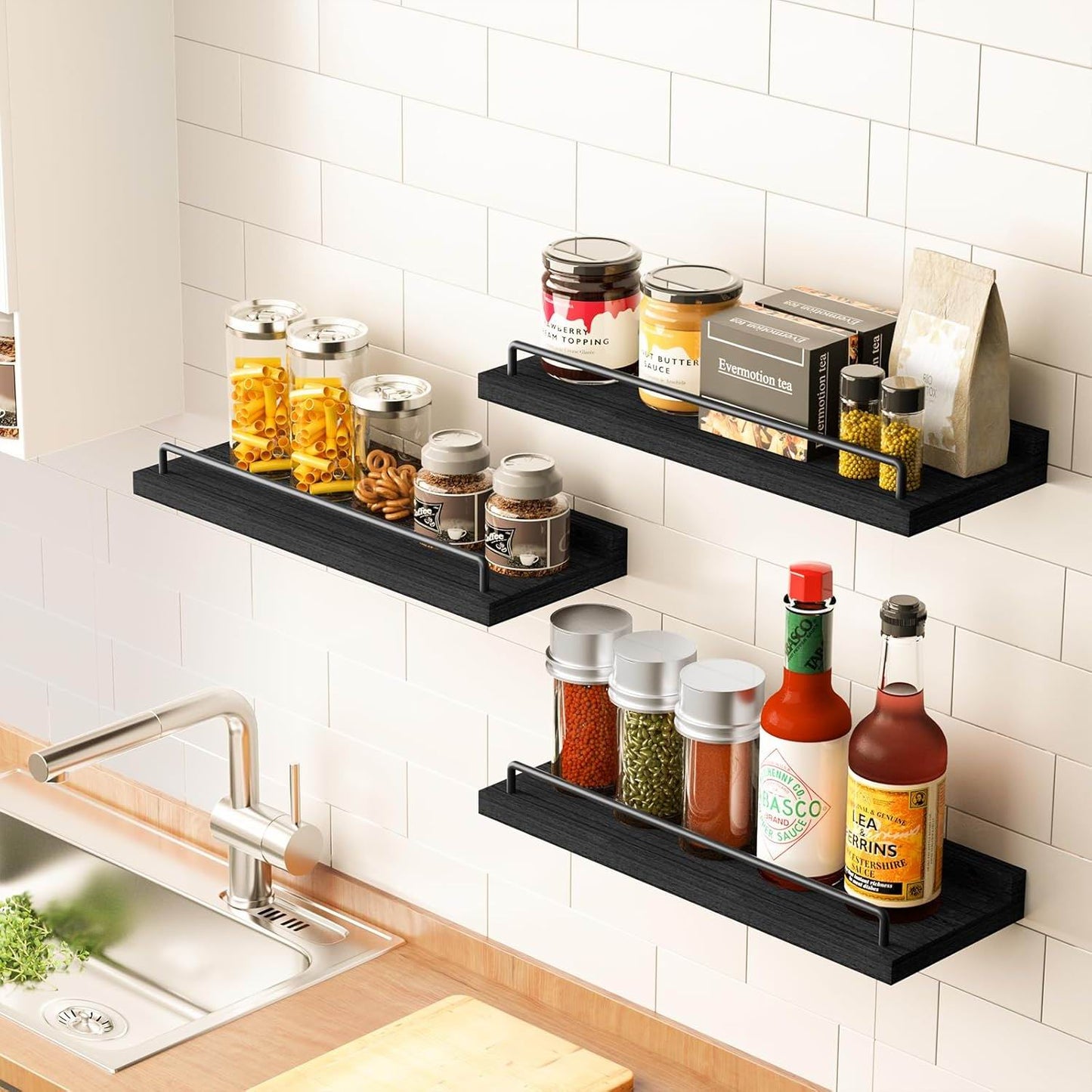 Boudoir Floating Shelves with Guard Rail – 3-Piece Set (Black)