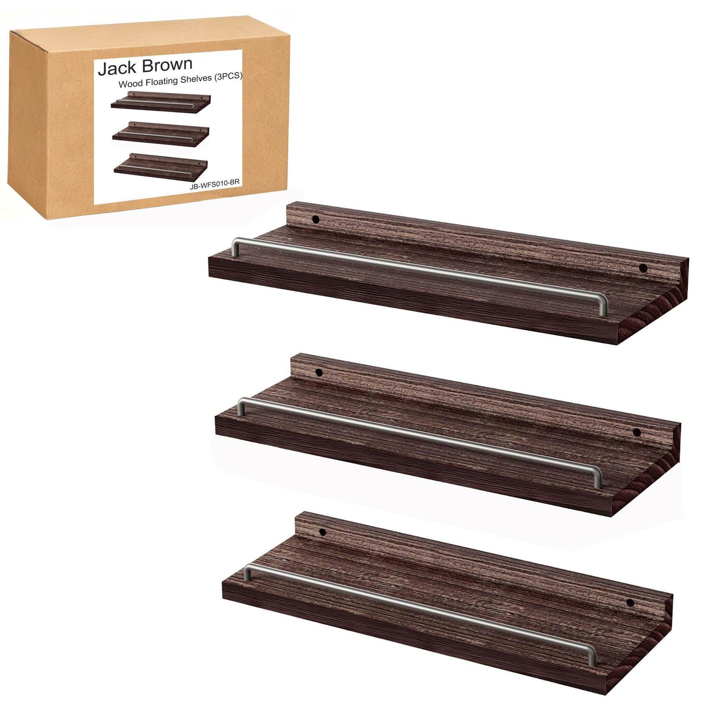 Boudoir Floating Shelves with Guard Rail – 3-Piece Set (Brown)