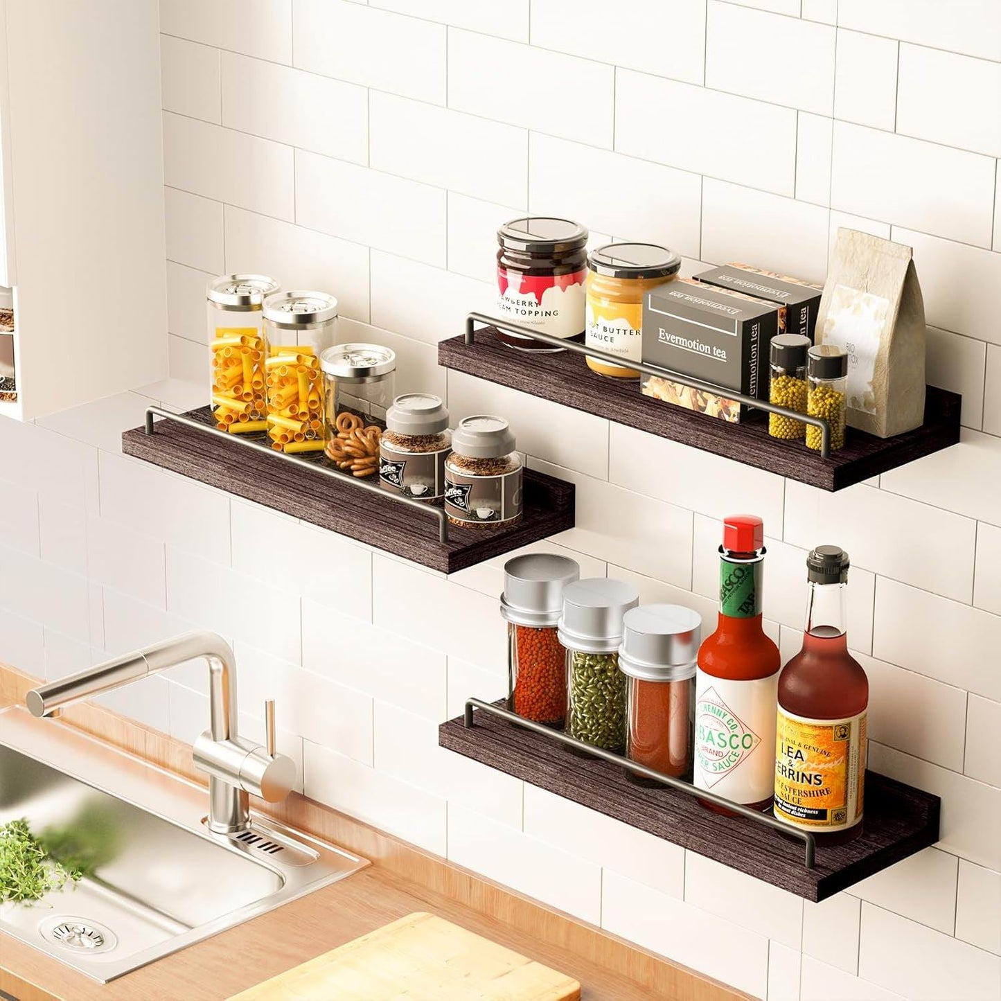 Boudoir Floating Shelves with Guard Rail – 3-Piece Set (Brown)