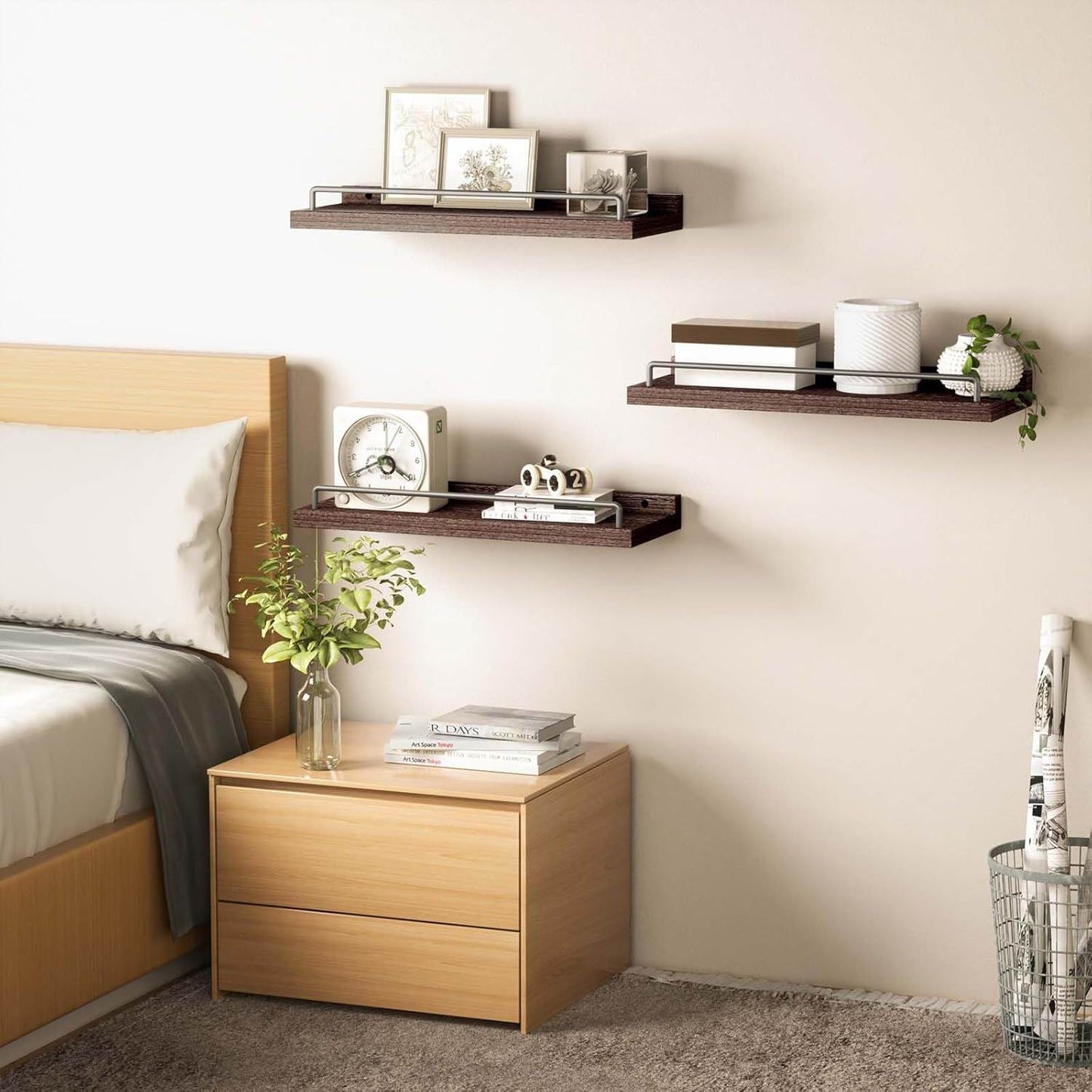 Boudoir Floating Shelves with Guard Rail – 3-Piece Set (Brown)