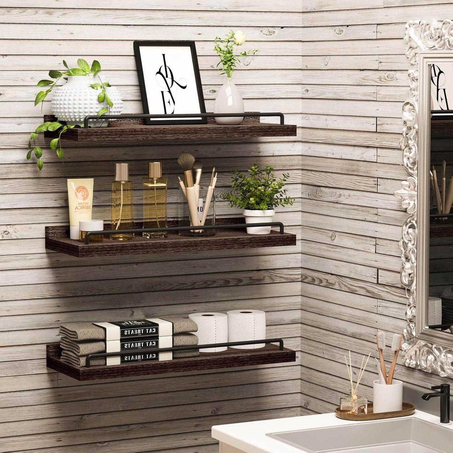 Boudoir Floating Shelves with Guard Rail – 3-Piece Set (Brown)