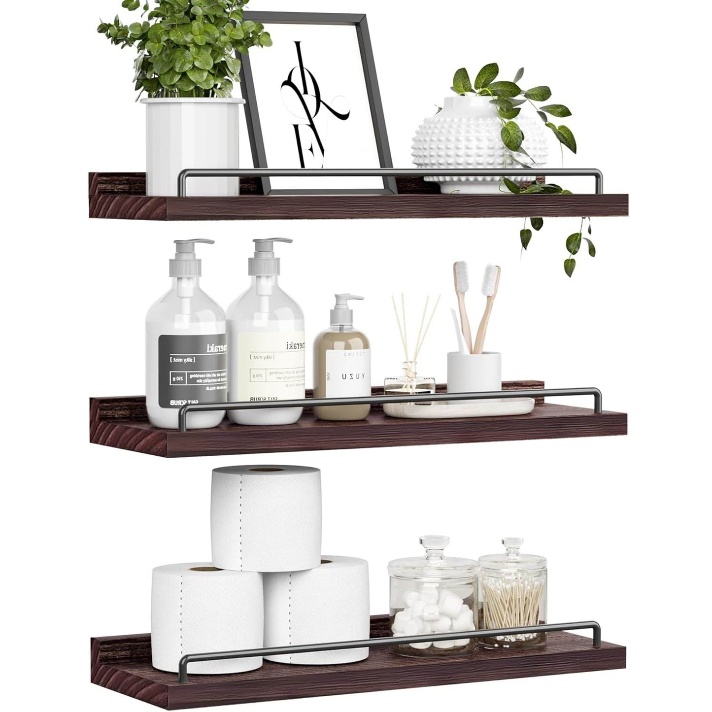 Boudoir Floating Shelves with Guard Rail – 3-Piece Set (Brown)