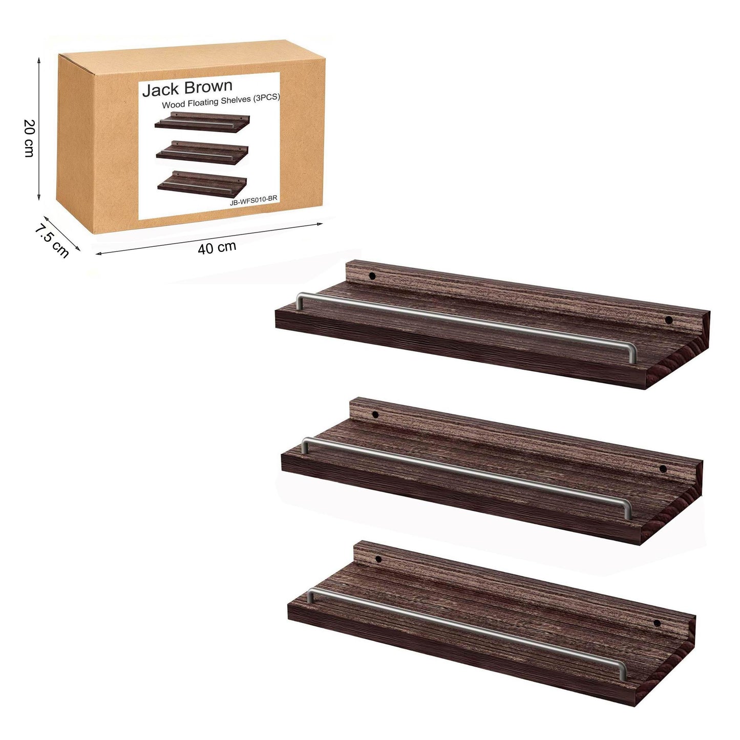 Boudoir Floating Shelves with Guard Rail – 3-Piece Set (Brown)