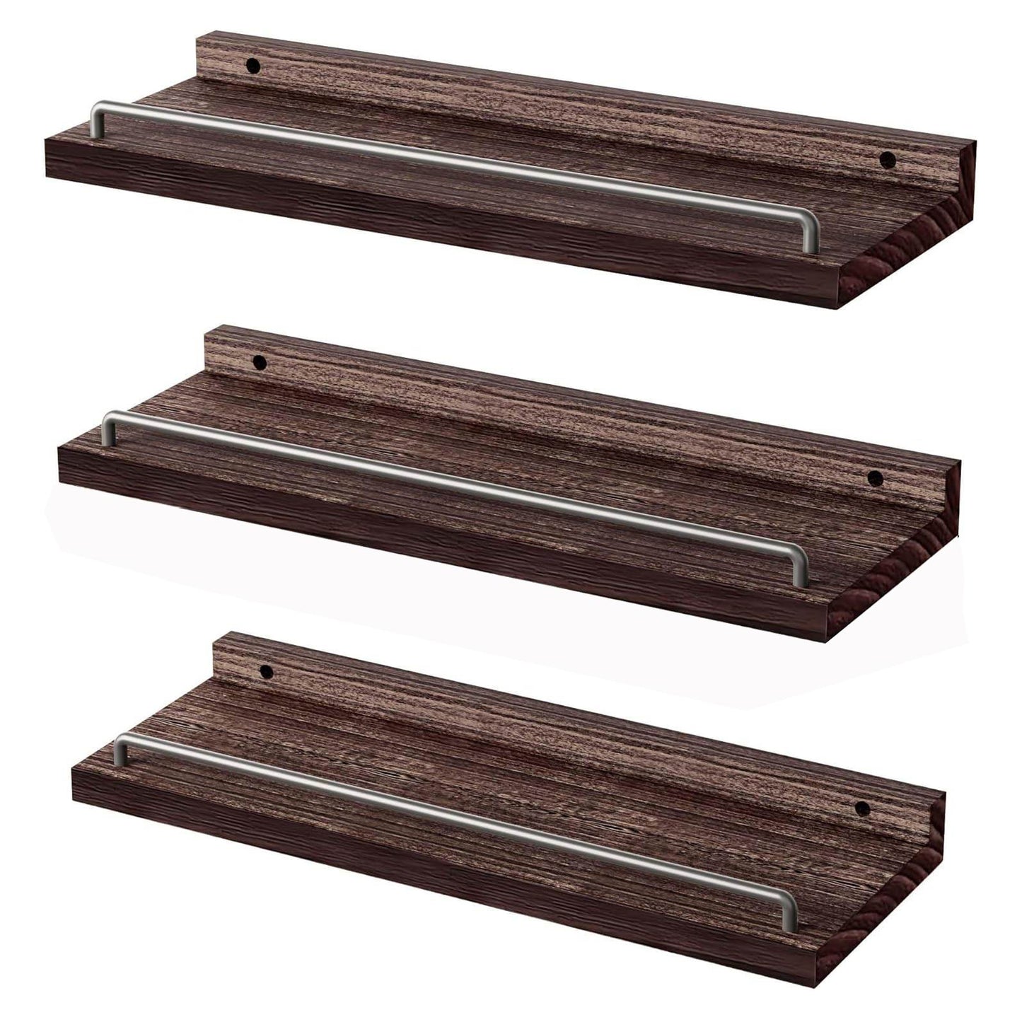 Boudoir Floating Shelves with Guard Rail – 3-Piece Set (Brown)