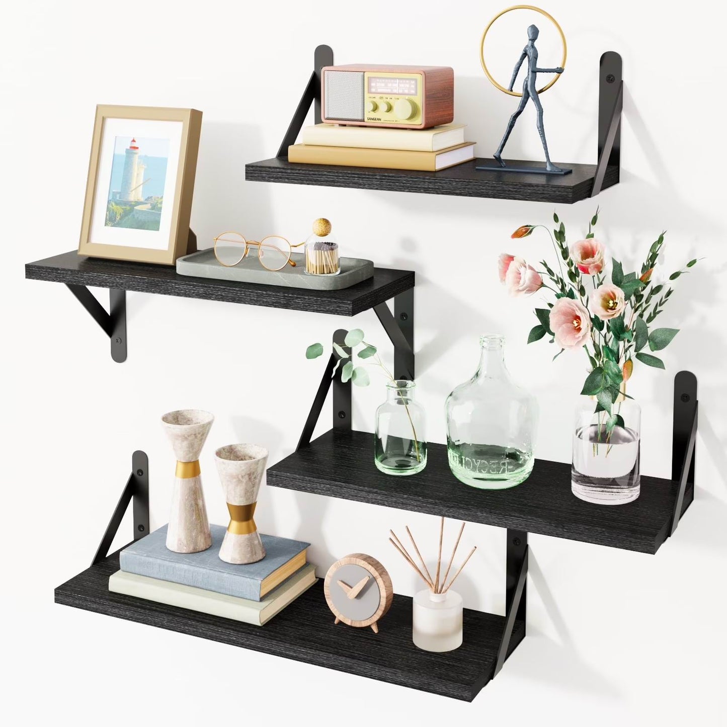 Boudoir Wood Floating Shelves – 4-Piece Bracket Set (Black)