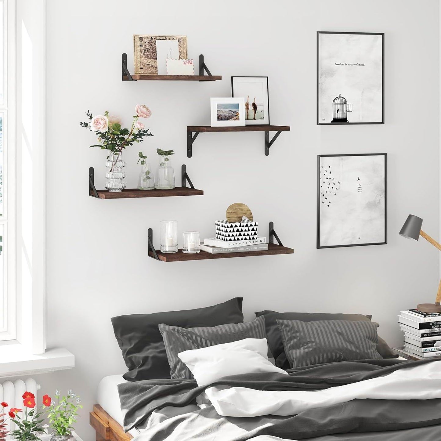 Boudoir Wood Floating Shelves – 4-Piece Bracket Set (Brown)