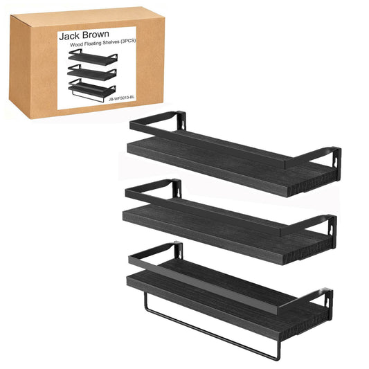 Boudoir Rimmed Floating Shelves with Rail – 3-Piece Set (Black)