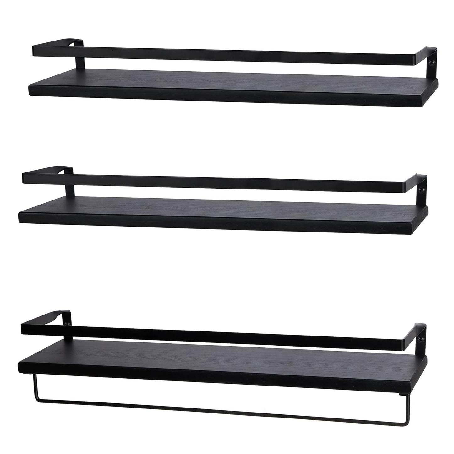 Boudoir Rimmed Floating Shelves with Rail – 3-Piece Set (Black)