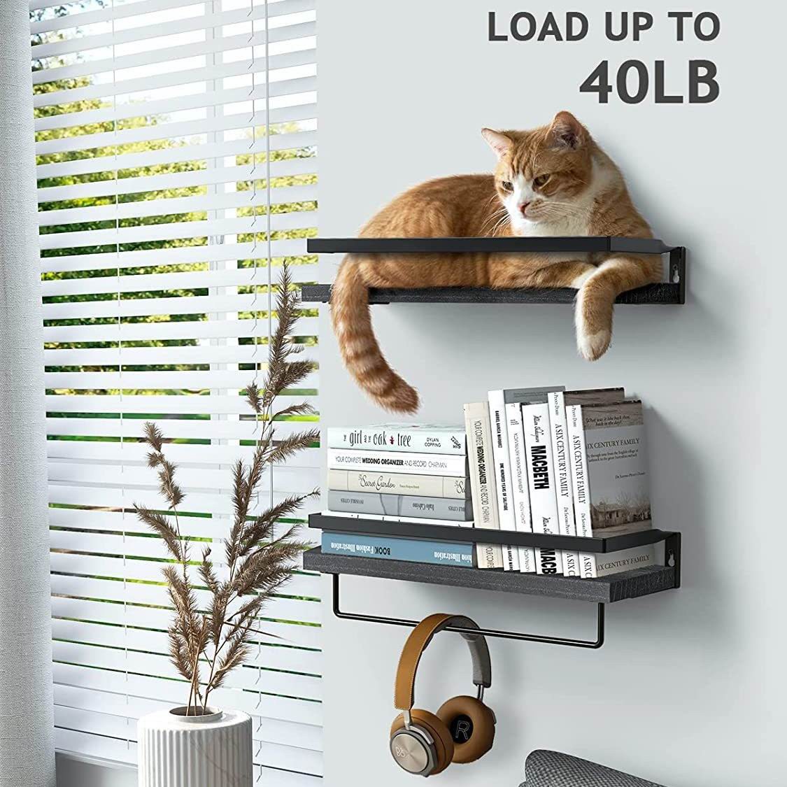 Boudoir Rimmed Floating Shelves with Rail – 3-Piece Set (Black)