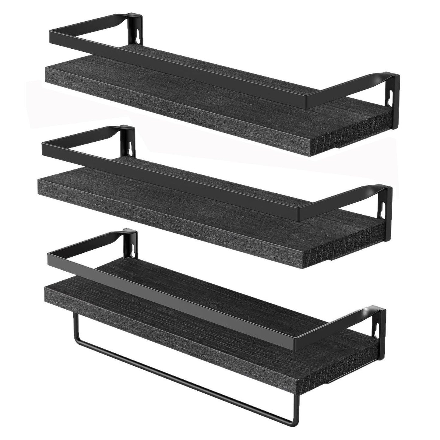 Boudoir Rimmed Floating Shelves with Rail – 3-Piece Set (Black)