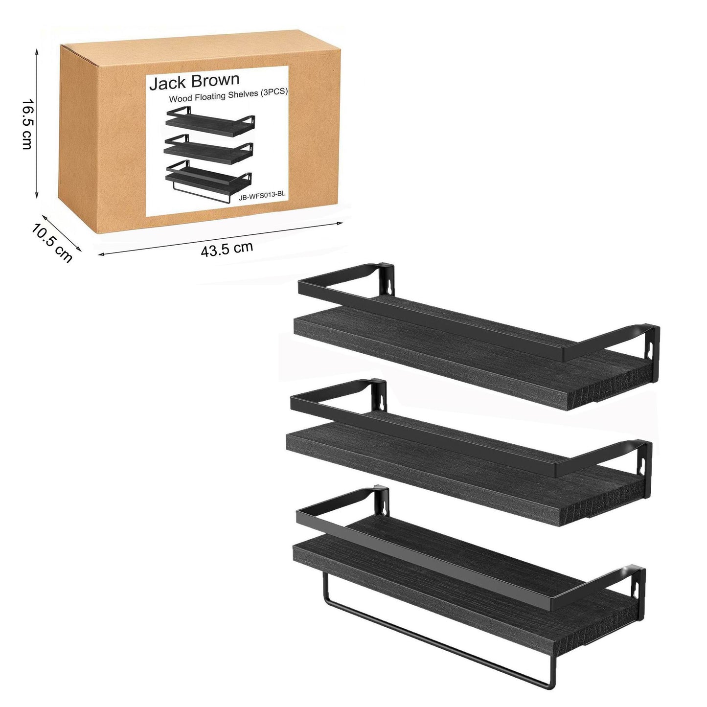 Boudoir Rimmed Floating Shelves with Rail – 3-Piece Set (Black)