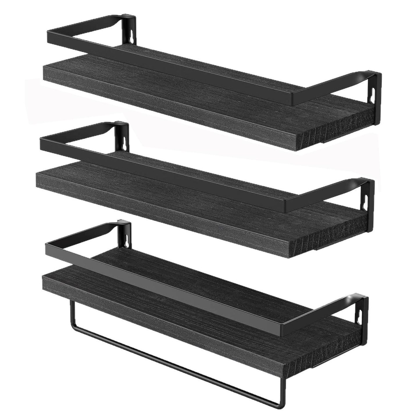 Boudoir Rimmed Floating Shelves with Rail – 3-Piece Set (Black)