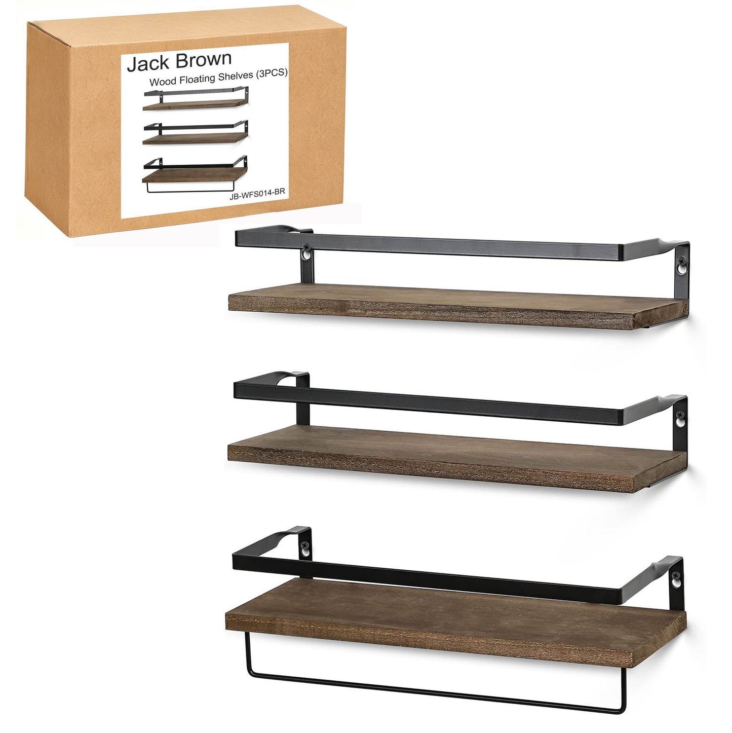 Boudoir Rimmed Floating Shelves with Rail – 3-Piece Set (Brown)