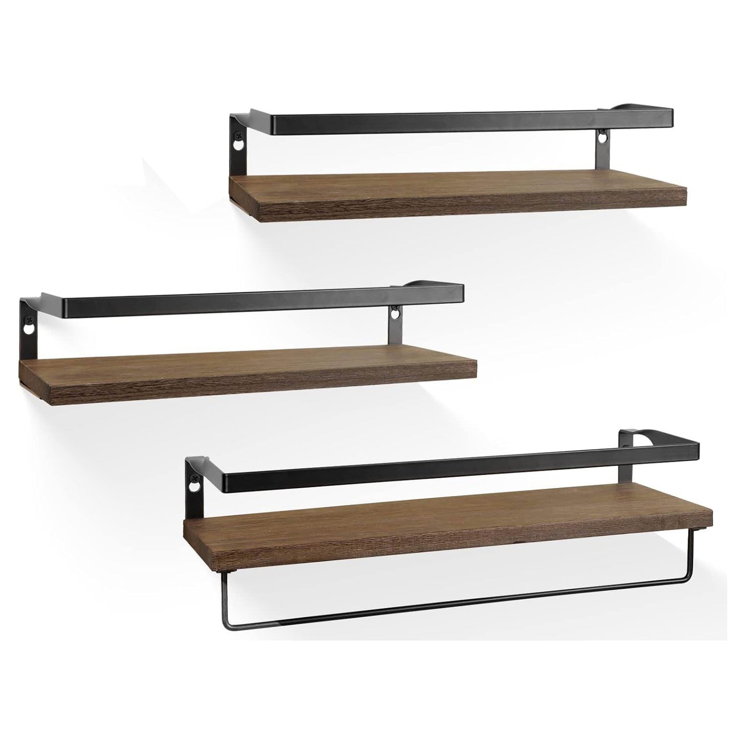 Boudoir Rimmed Floating Shelves with Rail – 3-Piece Set (Brown)