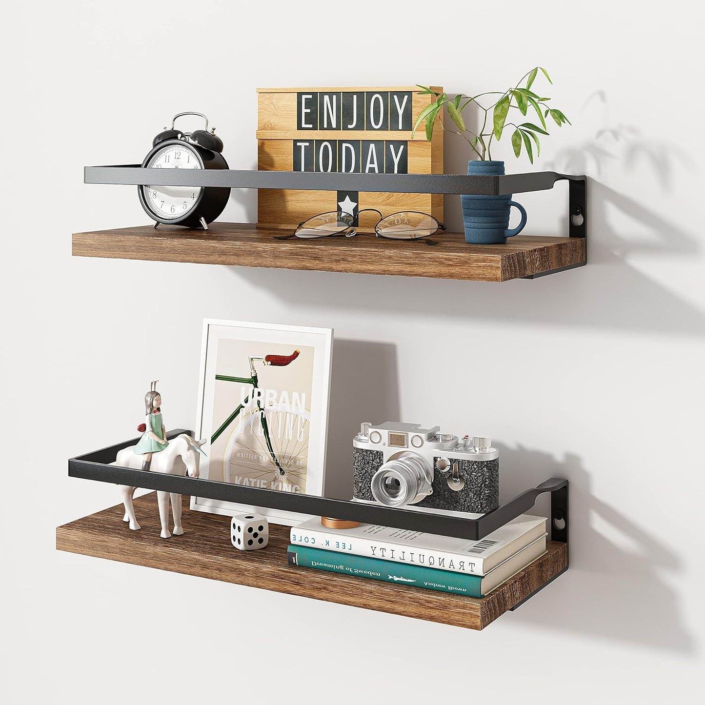 Boudoir Rimmed Floating Shelves with Rail – 3-Piece Set (Brown)