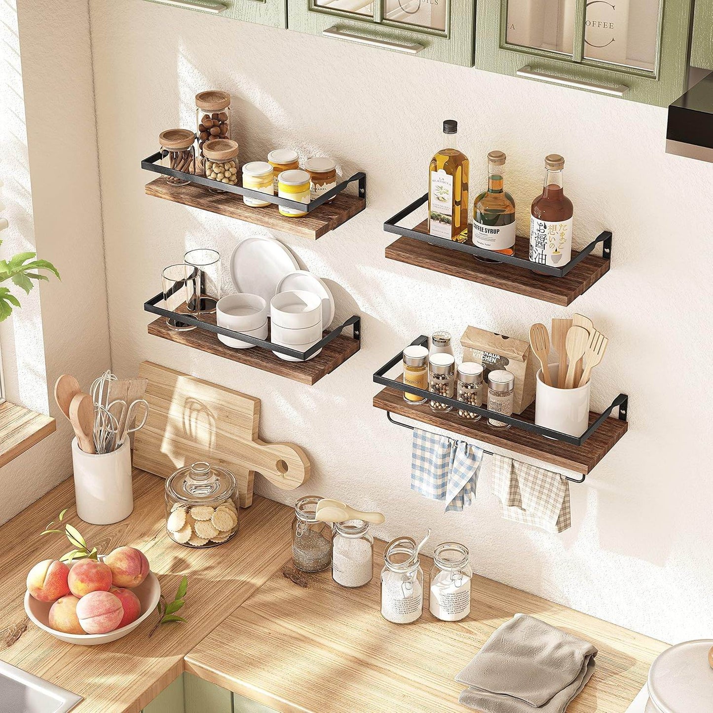 Boudoir Rimmed Floating Shelves with Rail – 3-Piece Set (Brown)
