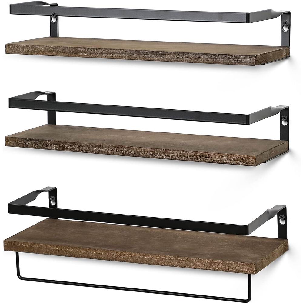 Boudoir Rimmed Floating Shelves with Rail – 3-Piece Set (Brown)