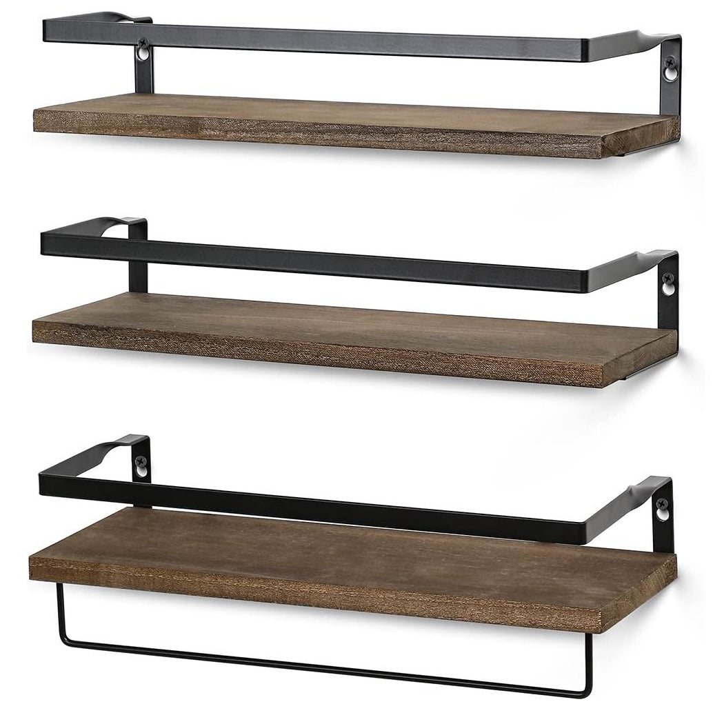 Boudoir Rimmed Floating Shelves with Rail – 3-Piece Set (Brown)