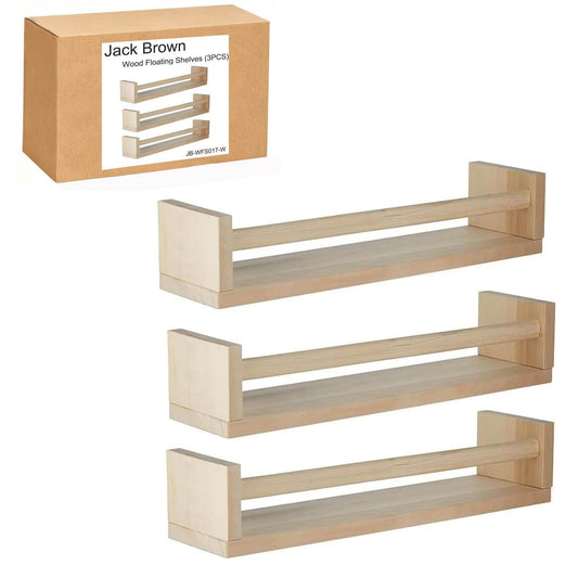 Boudoir Bow-Front Ledge Shelves with Rail – 3-Piece Set (Natural)