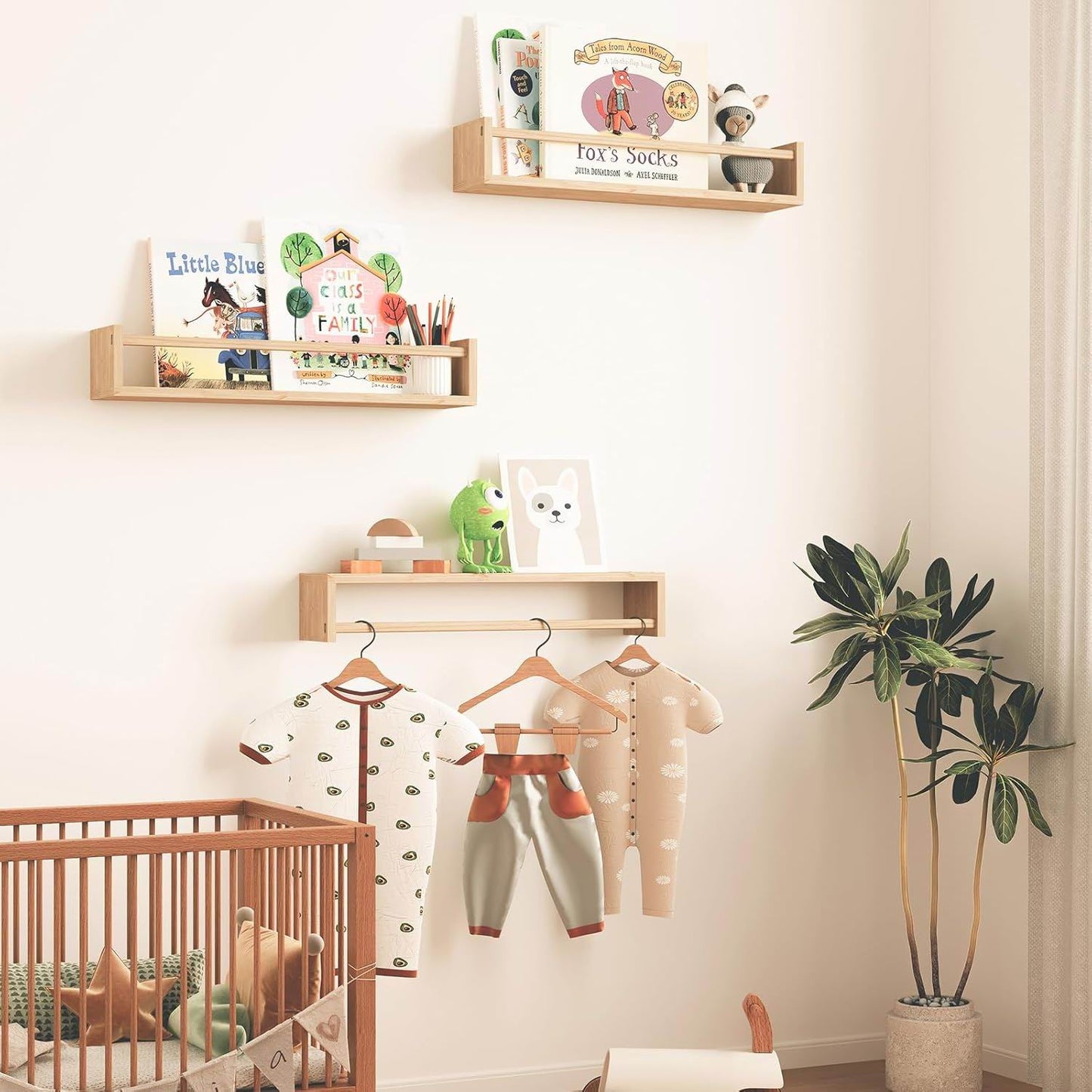 Boudoir Bow-Front Ledge Shelves with Rail – 3-Piece Set (Natural)