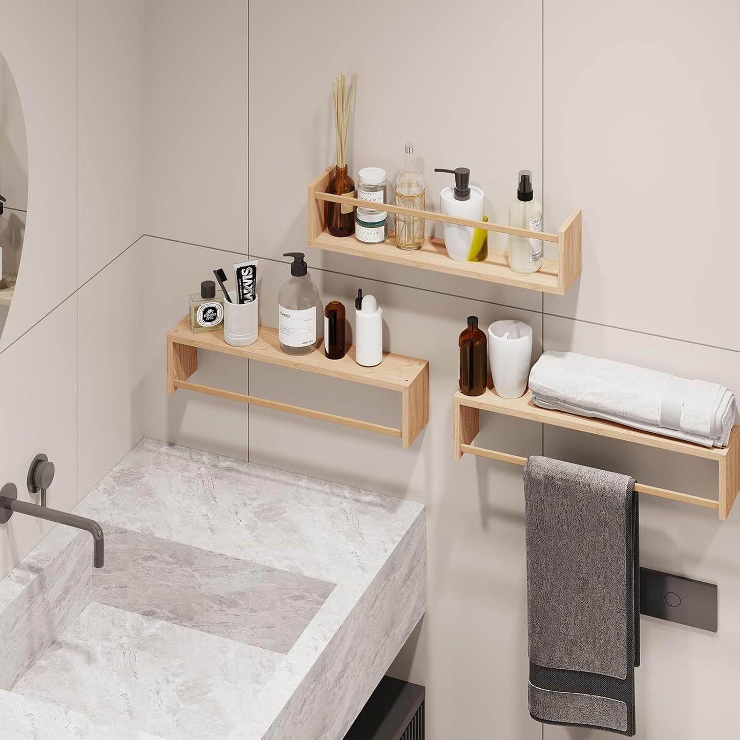 Boudoir Bow-Front Ledge Shelves with Rail – 3-Piece Set (Natural)