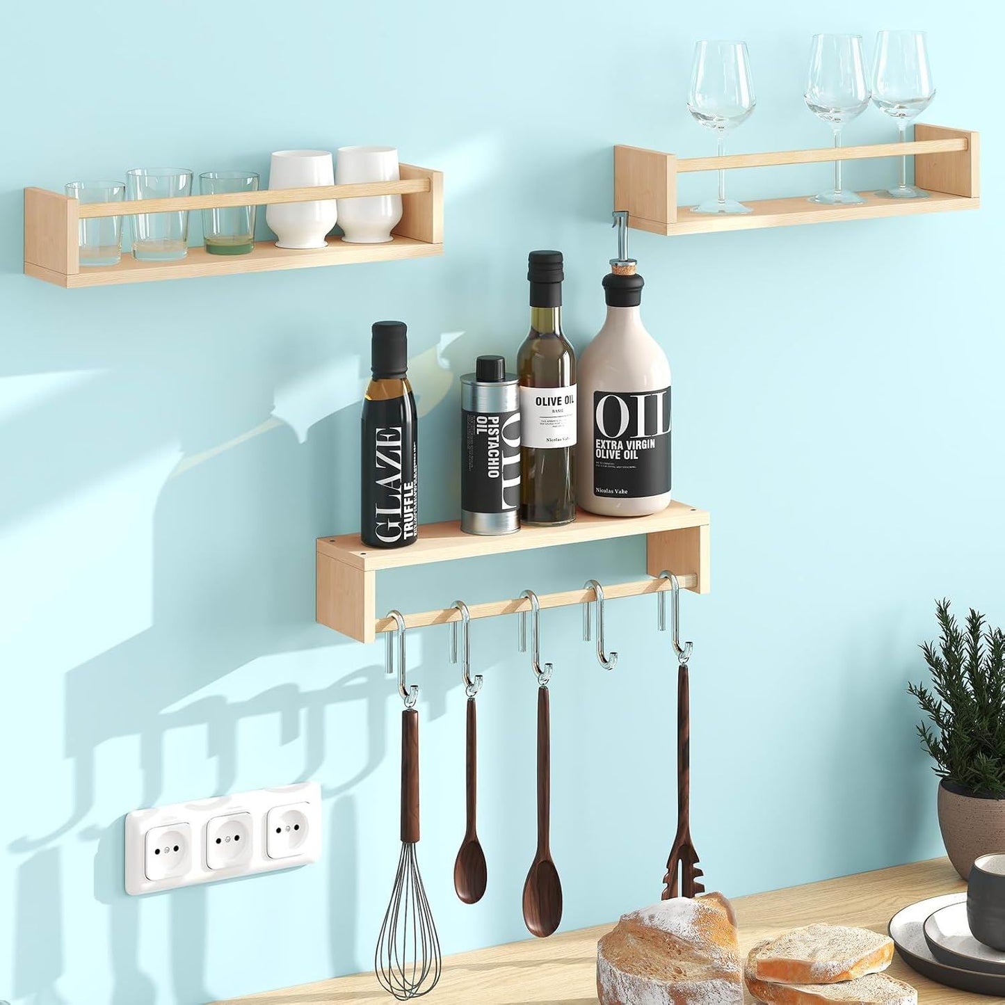 Boudoir Bow-Front Ledge Shelves with Rail – 3-Piece Set (Natural)