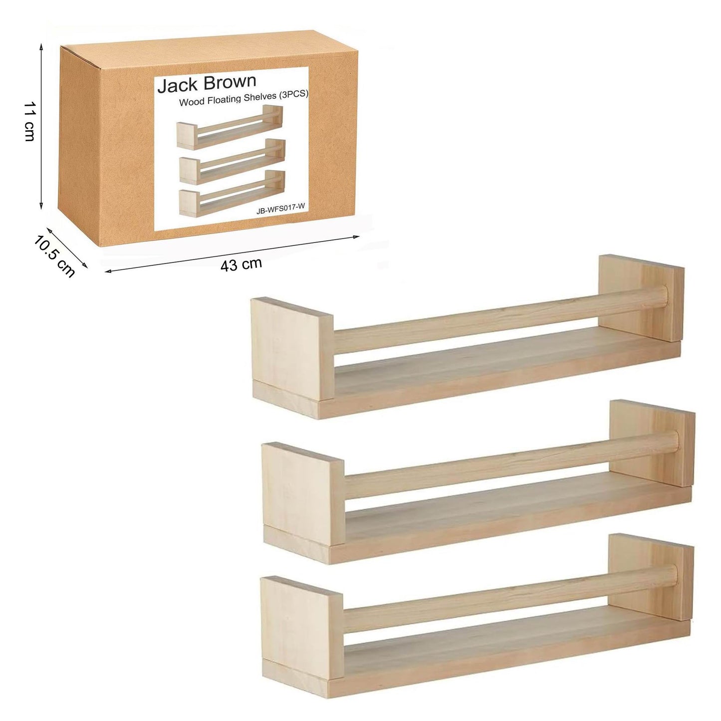 Boudoir Bow-Front Ledge Shelves with Rail – 3-Piece Set (Natural)