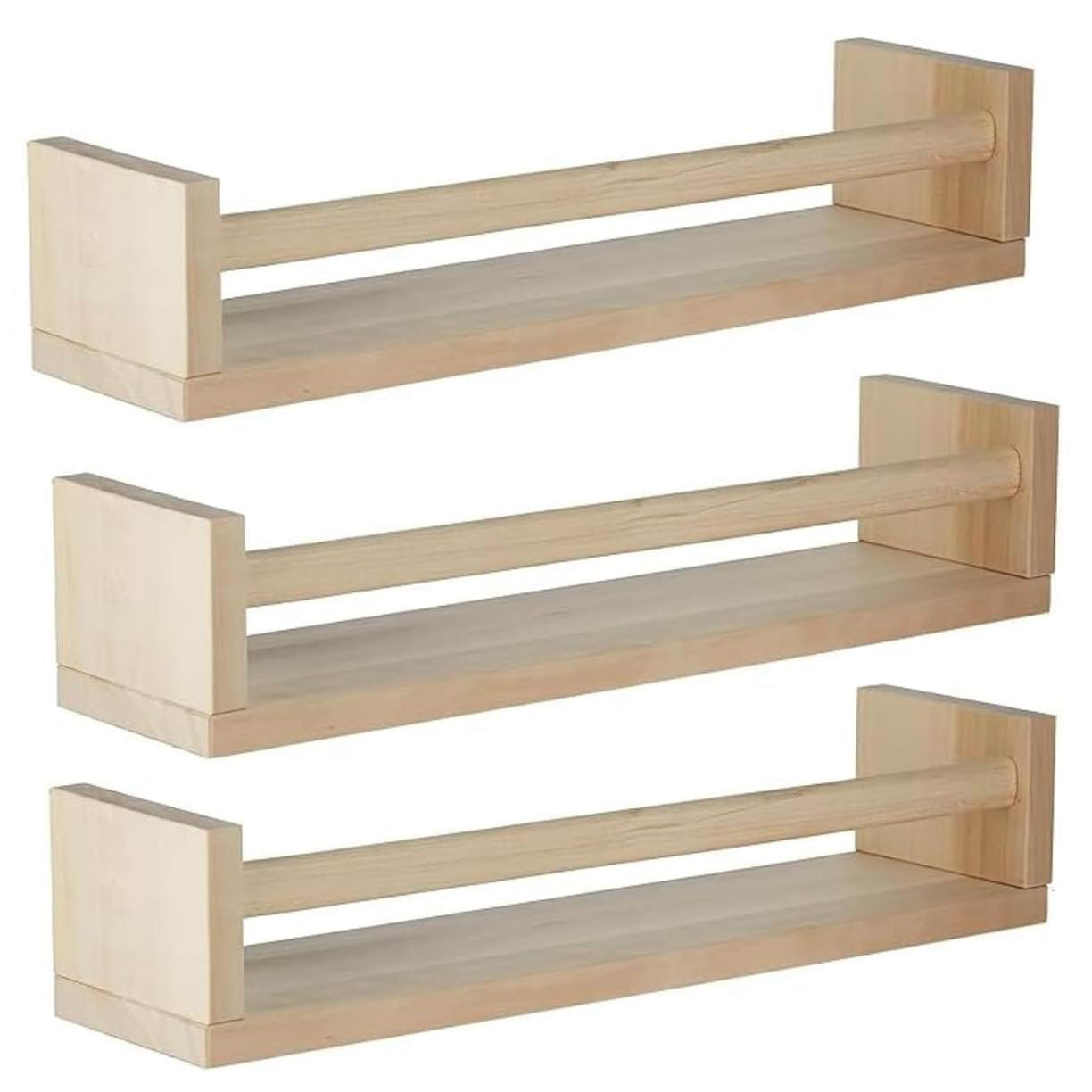 Boudoir Bow-Front Ledge Shelves with Rail – 3-Piece Set (Natural)