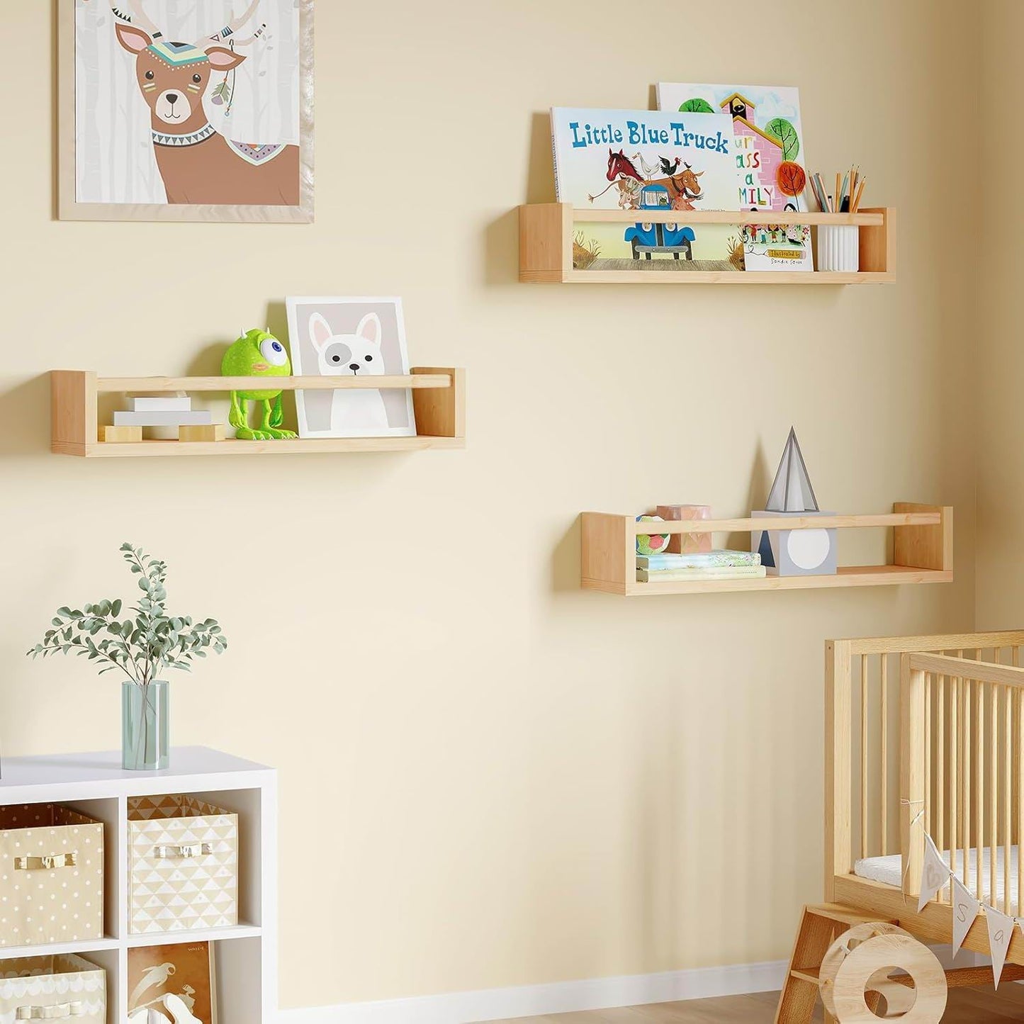 Boudoir Bow-Front Ledge Shelves with Rail – 3-Piece Set (Natural)